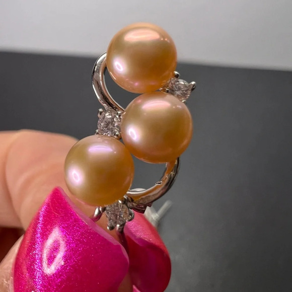 Pink Freshwater and CZ Rhodium Over Sterling Silver Earrings with omega backs - Picture 8 of 12
